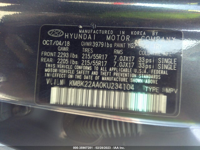 2019 HYUNDAI KONA SEL VIN: KM8K22AA0KU234104