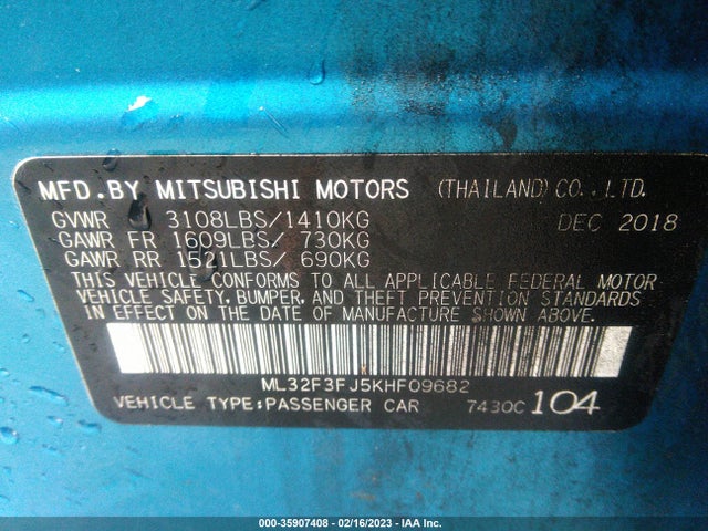 ML32F3FJ5KHF09682 Mitsubishi Mirage G4 Es/rf