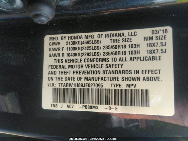2018 HONDA CR-V EX-L VIN: 7FARW1H89JE027095