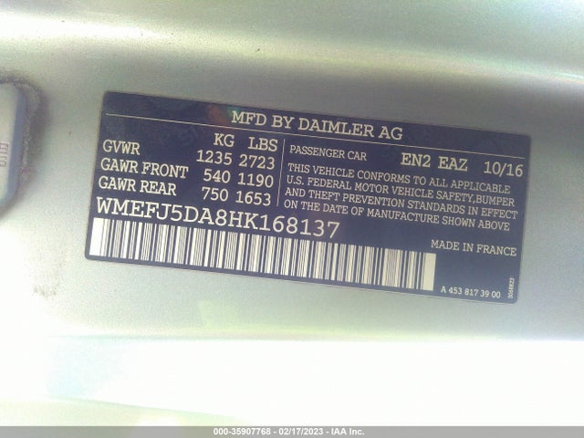 2017 Smart Fortwo, VIN: WMEFJ5DA8HK168137