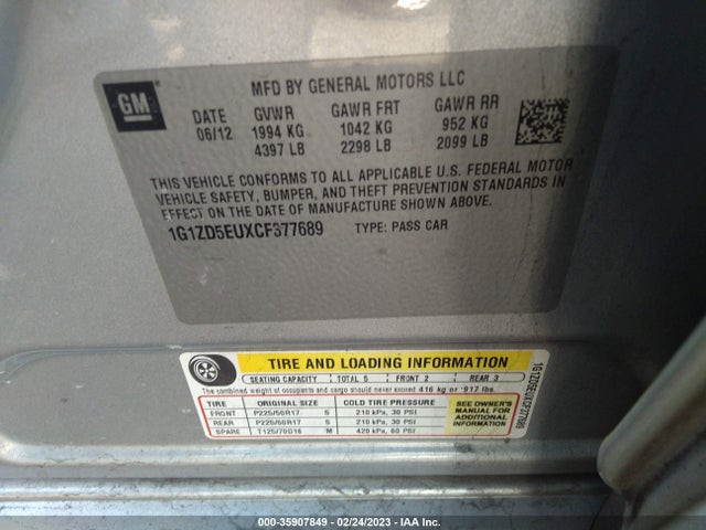 2012 CHEVROLET MALIBU LT W/2LT VIN: 1G1ZD5EUXCF377689