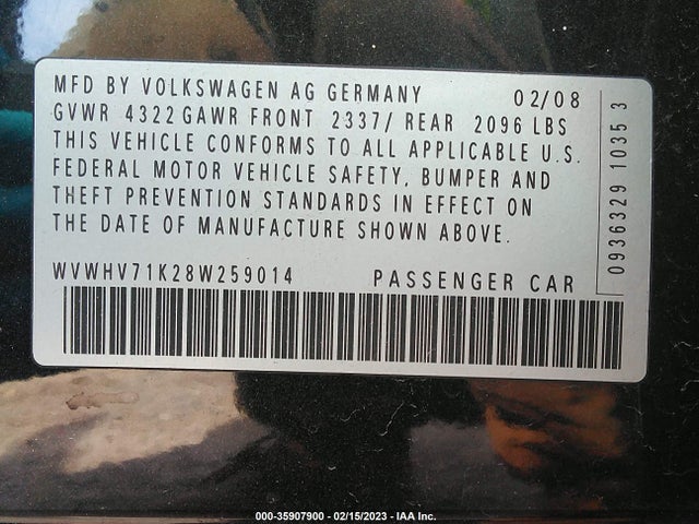 2008 VOLKSWAGEN GTI VIN: WVWHV71K28W259014