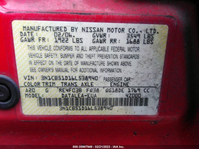 Nissan Sentra 1.8 S 2006 3N1CB51D16L538940 Image 9
