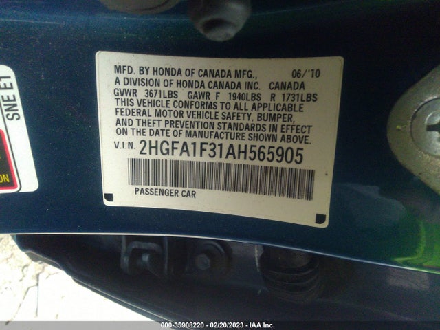 2010 HONDA CIVIC SDN DX-VP VIN: 2HGFA1F31AH565905