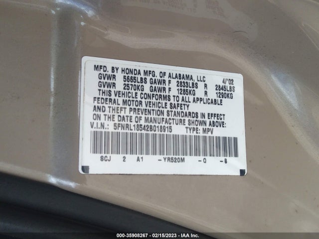 2002 HONDA ODYSSEY LX VIN: 5FNRL18542B018915