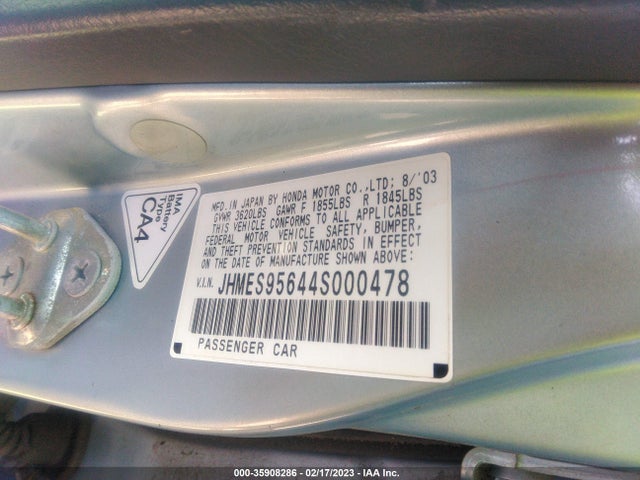 2004 HONDA CIVIC VIN: JHMES95644S000478
