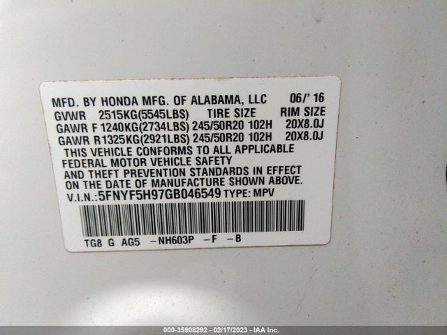 Honda Pilot Touring 2016 5FNYF5H97GB046549 Image 9