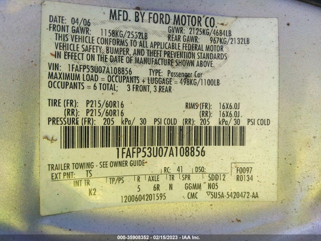 2007 FORD TAURUS SE VIN: 1FAFP53U07A108856