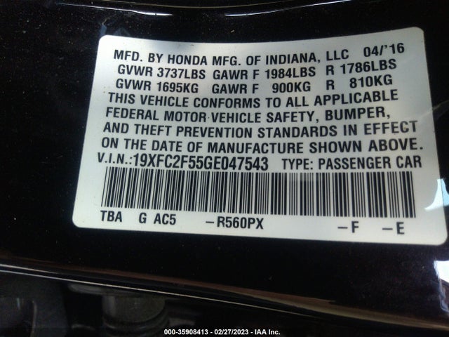 2016 Honda Civic, VIN: 19XFC2F55GE047543