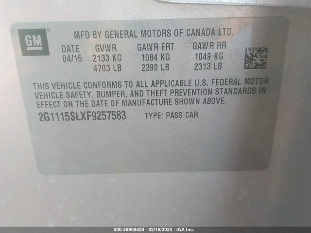 2015 CHEVROLET IMPALA LT VIN: 2G1115SLXF9257583