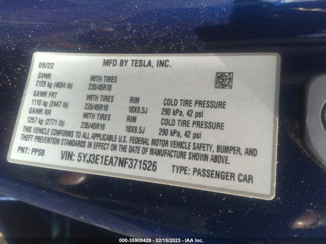 Tesla MODEL 3 2022 5YJ3E1EA7NF371526 Image 9