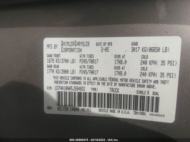 2005 DODGE RAM 1500 SLT VIN: 1D7HA18N05J594831