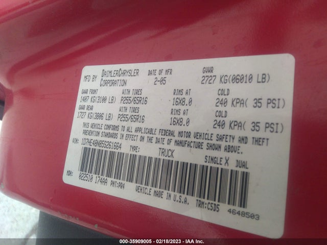 Dodge DAKOTA SLT 2005 1D7HE48N85S261664 Image 10