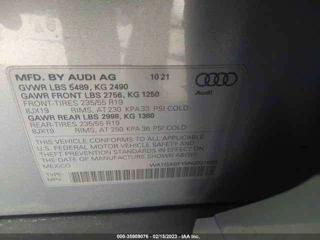 2022 Audi Q5, VIN: WA1GABFY9N2031693