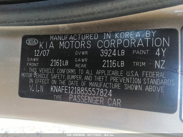2008 KIA SPECTRA EX VIN: KNAFE121885557824
