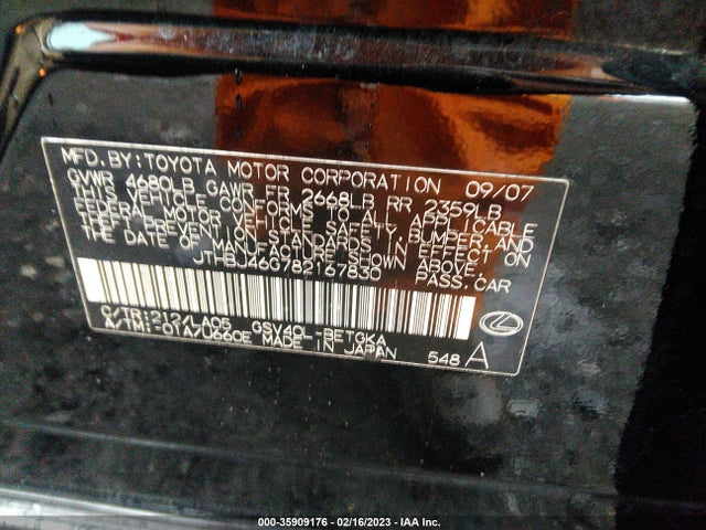 Lexus ES 350 2008 JTHBJ46G782167830 Image 10