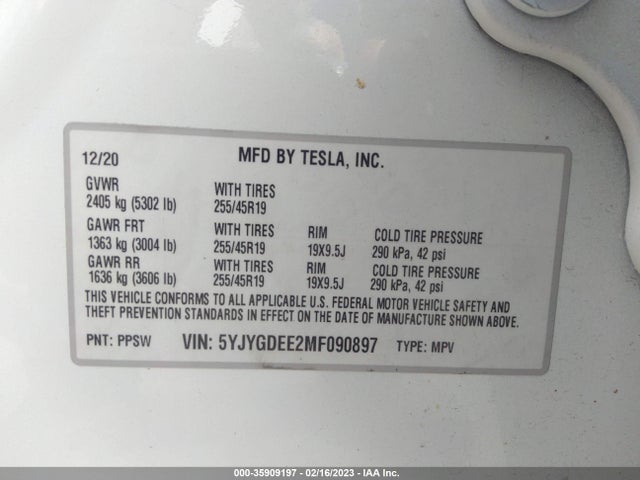 2021 Tesla Model Y, VIN: 5YJYGDEE2MF090897