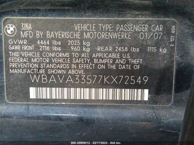 2007 BMW 3 SERIES 328I VIN: WBAVA33577KX72549