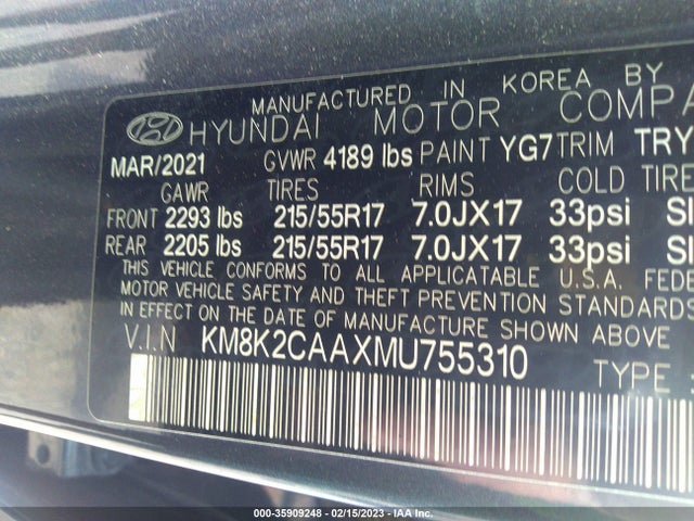 2021 HYUNDAI KONA SEL VIN: KM8K2CAAXMU755310