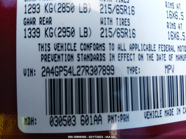 2007 CHRYSLER TOWN & COUNTRY LWB TOURING VIN: 2A4GP54L27R307899