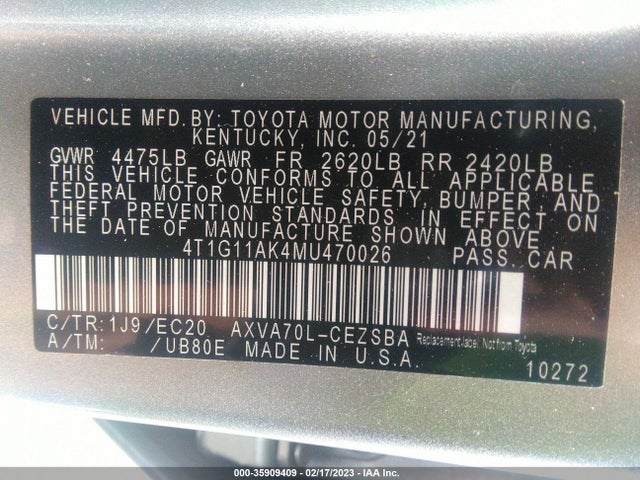 Toyota CAMRY SE 2021 4T1G11AK4MU470026 Image 10