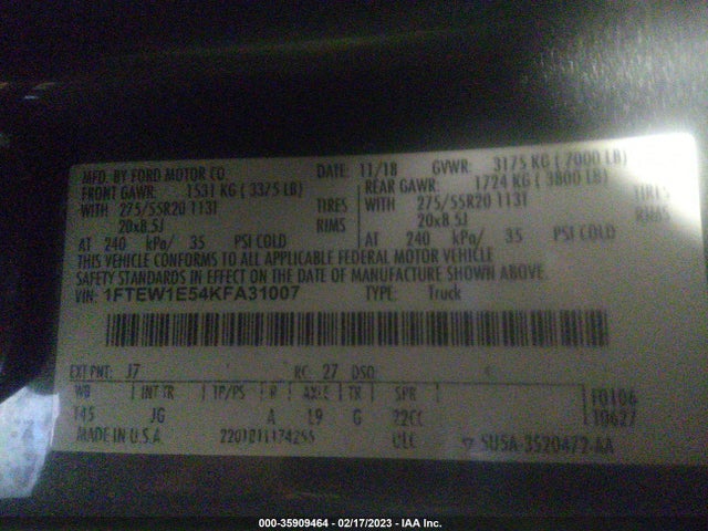 2019 FORD F-150 XL/XLT/LARIAT VIN: 1FTEW1E54KFA31007