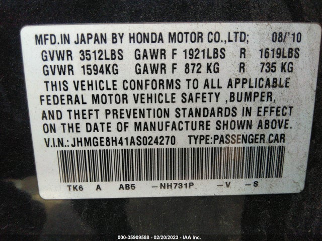 2010 HONDA FIT SPORT VIN: JHMGE8H41AS024270