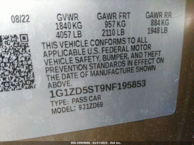Chevrolet MALIBU LT 2022 1G1ZD5ST9NF195853 Image 9