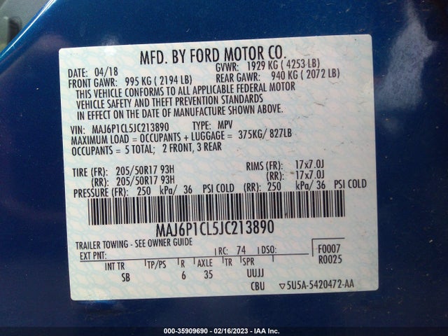 2018 FORD ECOSPORT SES VIN: MAJ6P1CL5JC213890