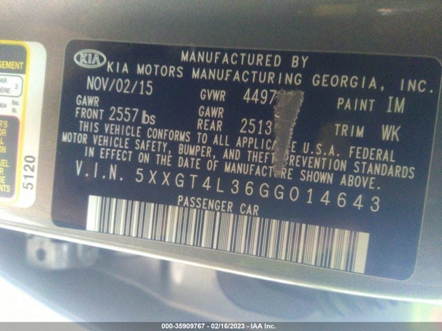 2016 KIA OPTIMA LX VIN: 5XXGT4L36GG014643