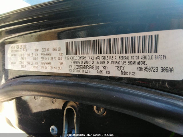 2015 RAM 1500 LARAMIE VIN: 1C6RR7NT8FS700104
