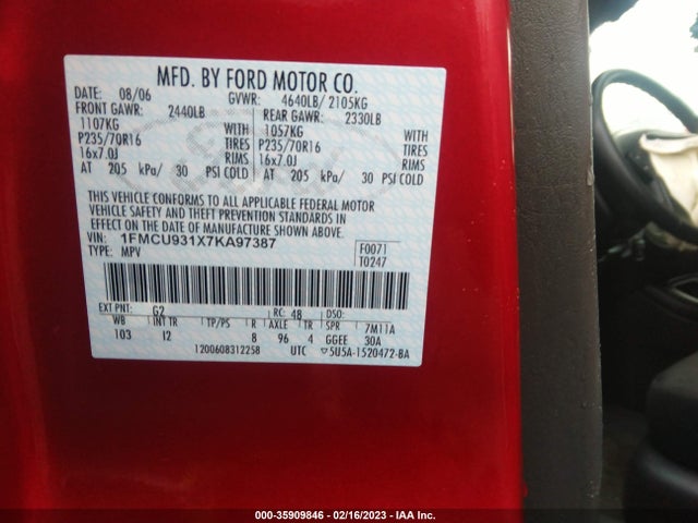 2007 FORD ESCAPE XLT VIN: 1FMCU931X7KA97387