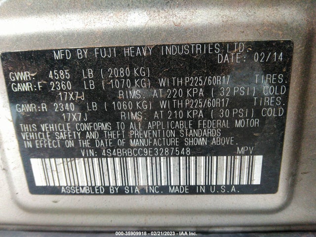 4S4BRBCC9E3287548 Subaru Outback 2.5i Premium