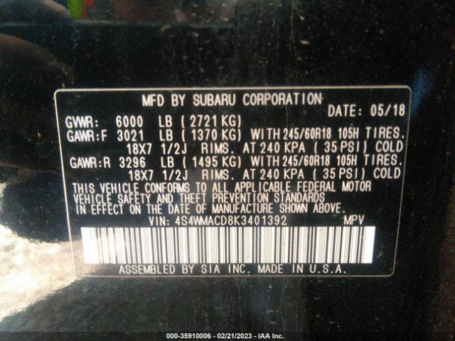 4S4WMACD8K3401392 Subaru Ascent Premium