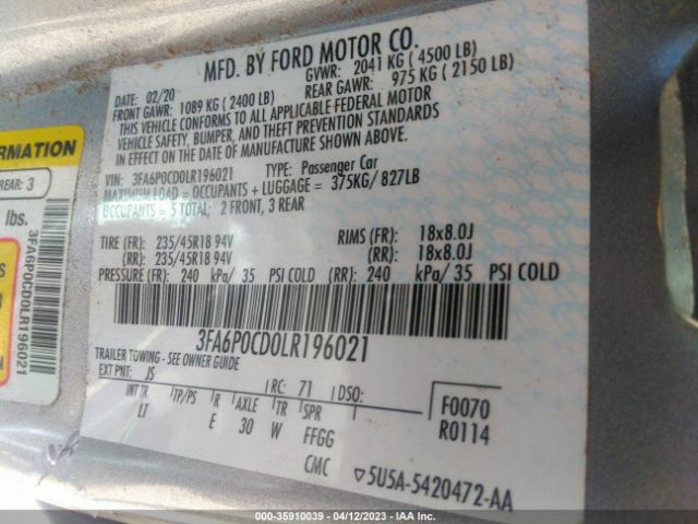 3FA6P0CD0LR196021 Ford FUSION SEL