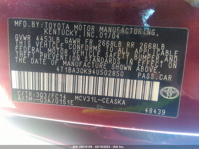 2004 TOYOTA CAMRY SE VIN: 4T1BA30K94U502850