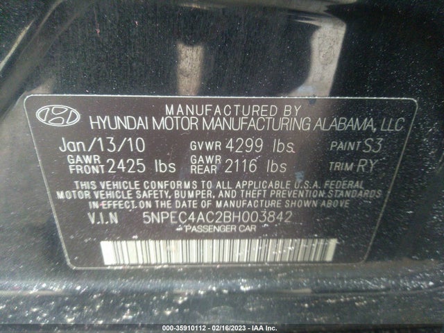2011 HYUNDAI SONATA LTD VIN: 5NPEC4AC2BH003842