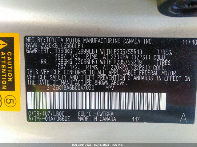 2T2ZK1BA6BC047020 Lexus RX 350