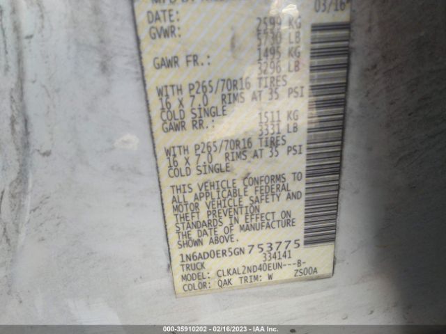 1N6AD0ER5GN753775 Nissan Frontier S/sv/desert Runner/sl