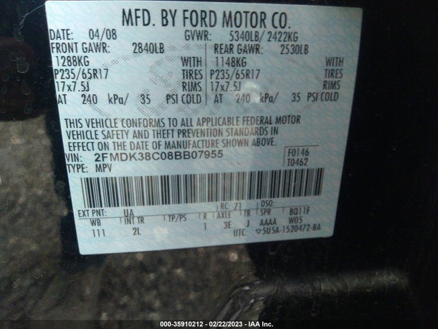 2008 FORD EDGE SEL VIN: 2FMDK38C08BB07955