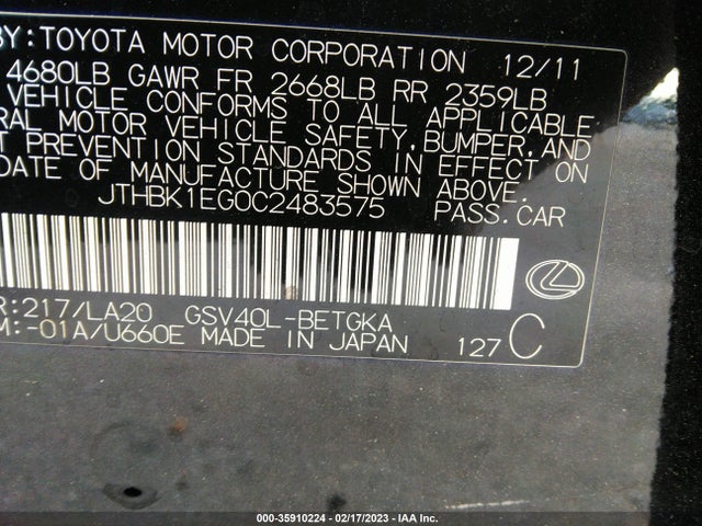 Lexus ES 350 2012 JTHBK1EG0C2483575 Image 11