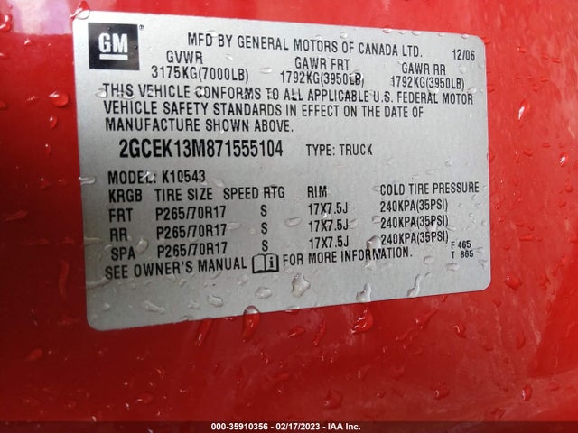 2007 CHEVROLET SILVERADO 1500 LT W/2LT VIN: 2GCEK13M871555104