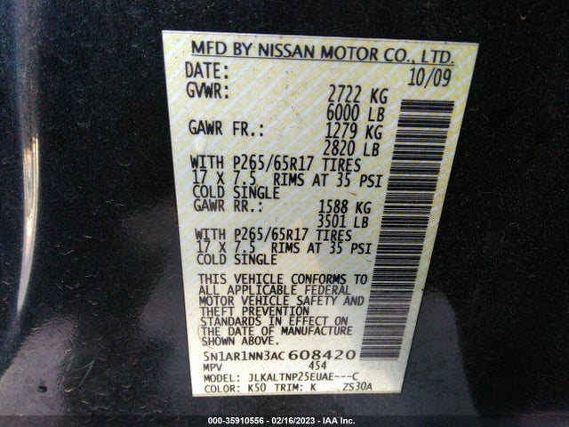 2010 NISSAN PATHFINDER SE VIN: 5N1AR1NN3AC608420