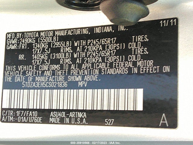 2012 TOYOTA HIGHLANDER VIN: 5TDZA3EH5CS021836