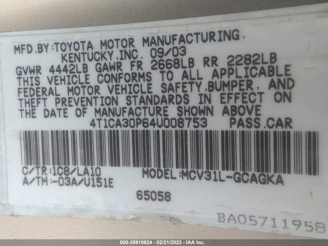 2004 TOYOTA CAMRY SOLARA SE/SPT/SLE VIN: 4T1CA30P64U008753