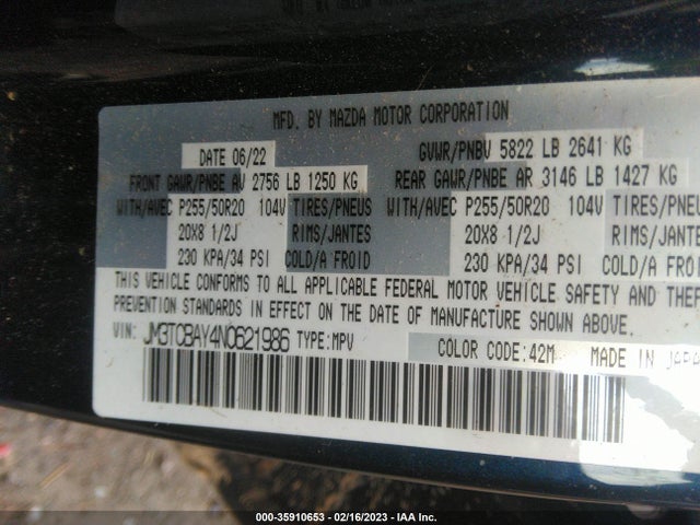 2022 Mazda CX-9, VIN: JM3TCBAY4N0621986
