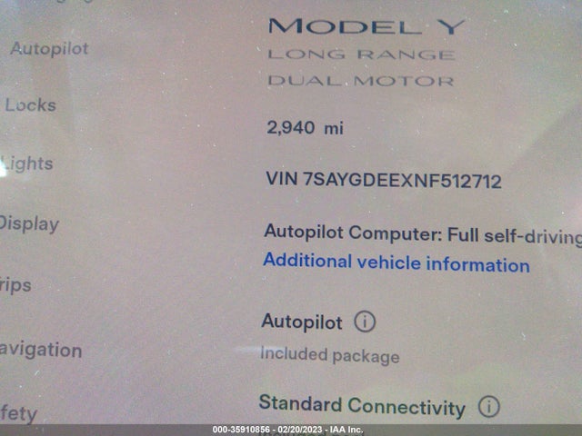 2022 TESLA MODEL Y LONG RANGE VIN: 7SAYGDEEXNF512712