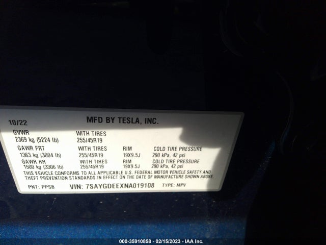 7SAYGDEEXNA019108 Tesla Model Y Long Range