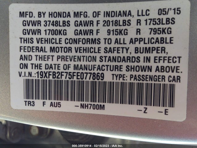 2015 HONDA CIVIC SEDAN SE VIN: 19XFB2F75FE077869