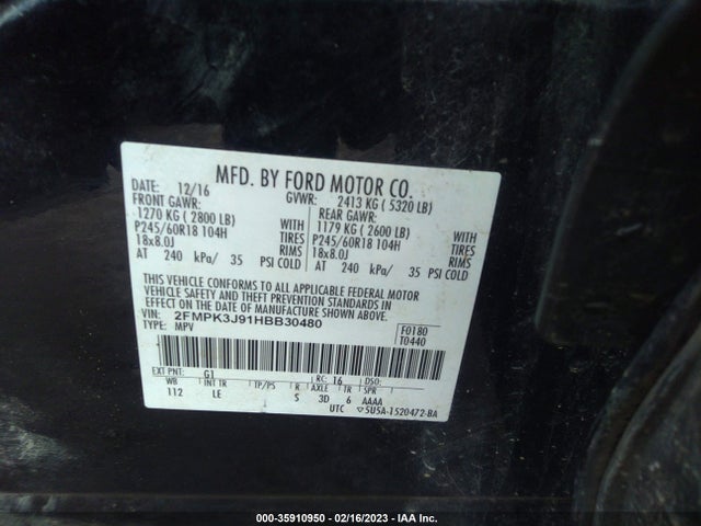 2017 FORD EDGE SEL VIN: 2FMPK3J91HBB30480